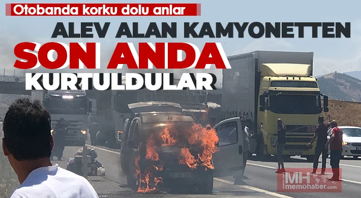Otobanda alev alan kamyonetten son anda kurtuldular