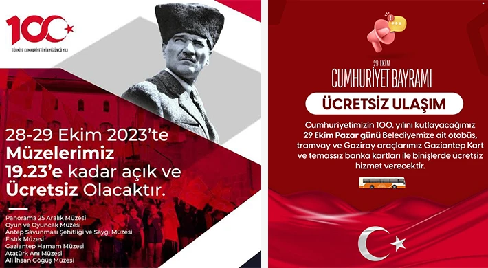 Gaziantep’te Cumhuriyet Bayramı'nda toplu taşıma ve müzeler ücretsiz