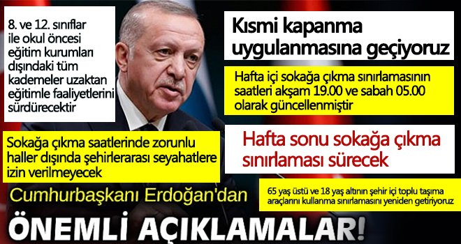  Cumhurbaşkanı Erdoğan açıkladı! Kısmi kapanmaya geçiyoruz