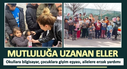 Okullara bilgisayar, çocuklara giyim eşyası, ailelere erzak yardımı