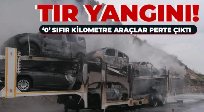 Dorsesinde 8 sıfır otomobilin bulunduğu tır yandı