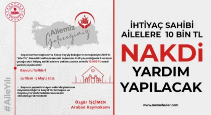 İhtiyaç sahibi ailelere 10 bin TL nakdi yardım yapılacak