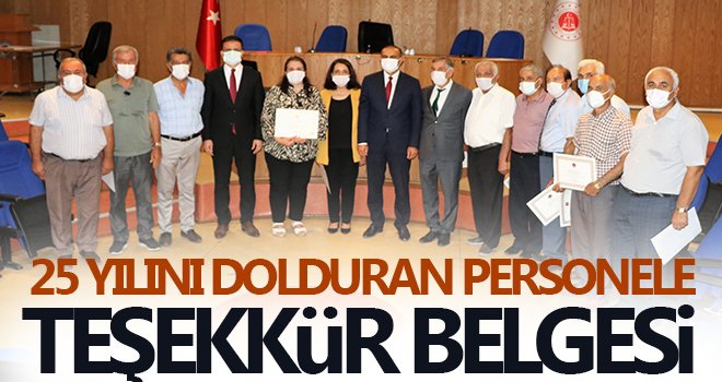 25 yılını dolduran personele teşekkür belgesi