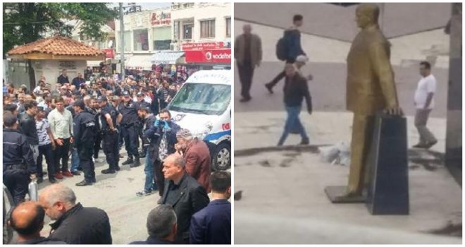 Atatürk anıtına baltayla saldırdı, linçten zor kurtuldu