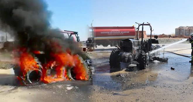 Gaziantep'te tarla sürdüğü traktör alev alev yandı