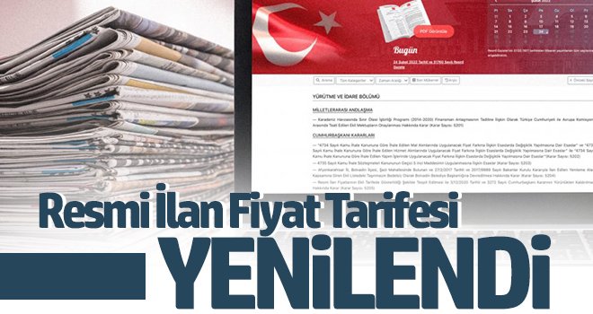 Resmi İlan Fiyat Tarifesi yenilendi