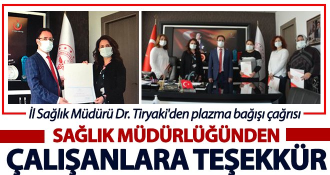 Sağlık Müdürlüğünden çalışanlara teşekkür belgesi 
