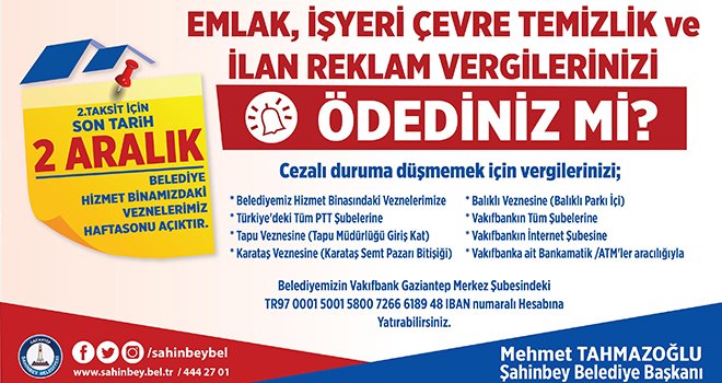 Şahinbey Belediyesi'nden hatırlatma: Son gün 2 Aralık